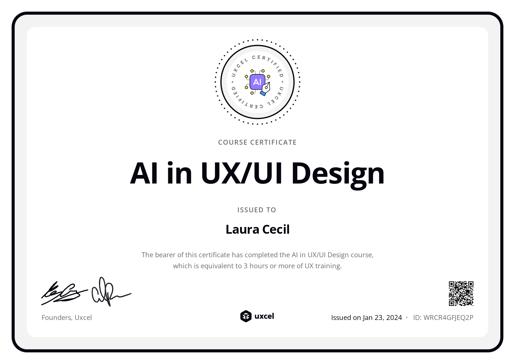 Laura Cecil's certificate